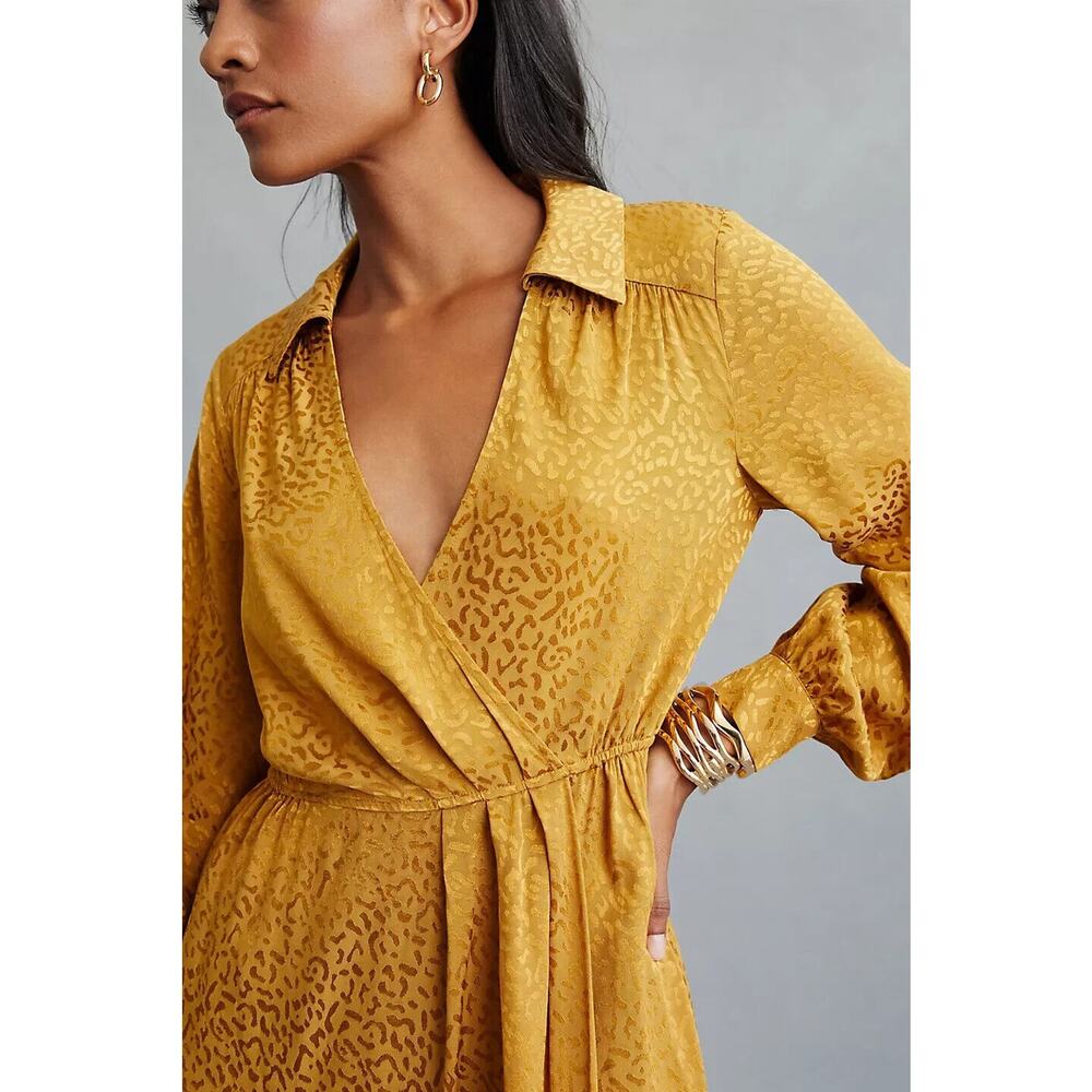 Anthropologie Long Sleeve Mini Dress Bronze Leopard Print Faux Wrap Size Small - Picture 5 of 16